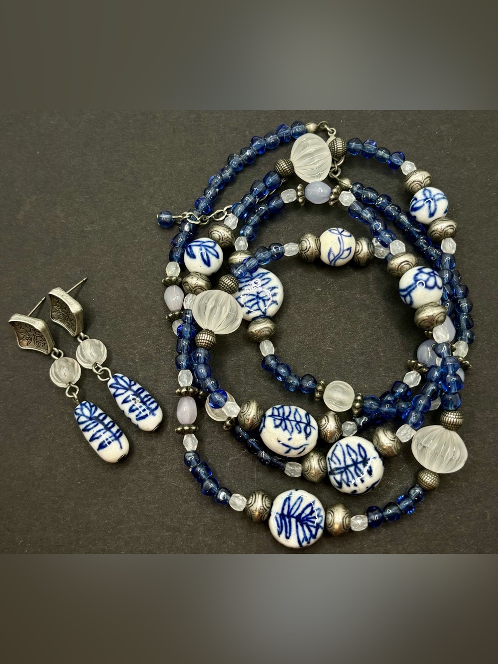 Chinoiserie Blue White Ceramic Beaded Statement Necklace & Drop Earring Set Boho